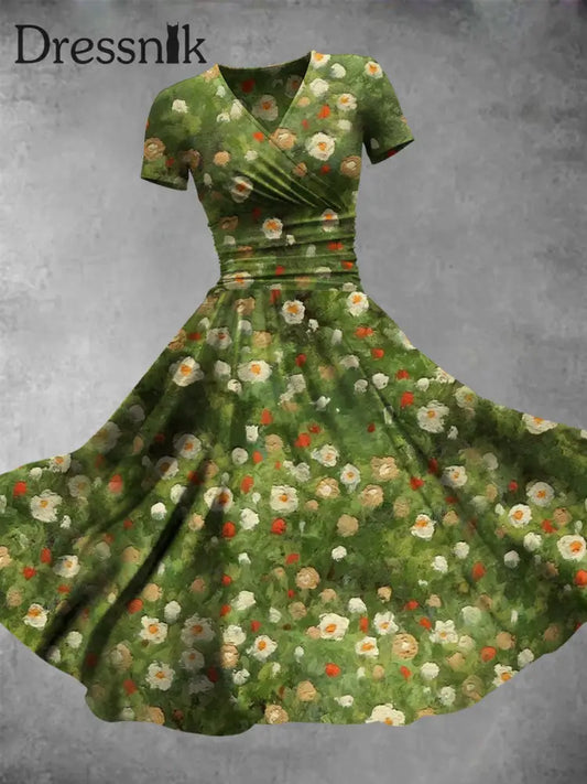 Retro-Ölgemälde Blumen Bedrucktes Kurzarm-Midi Kleid Mit V-Ausschnitt Mode-Design A / S