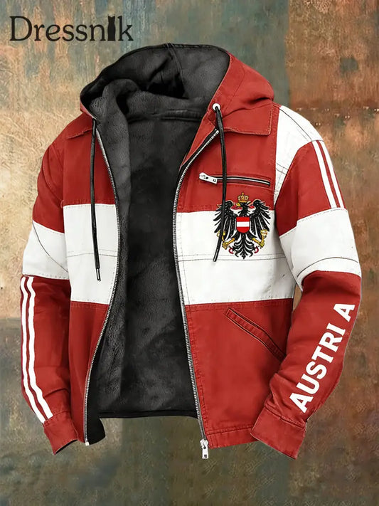 Retro Österreich ische Emblem Flagge Patch Fleece-Ausgekleidet Kapuzen jacke Rot / S