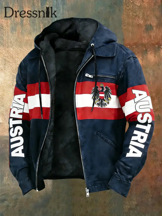 Retro Österreich ische Flagge Emblem Gestreifte Fleece-Ausgekleidet Kapuzen jacke Dunkelblau / S