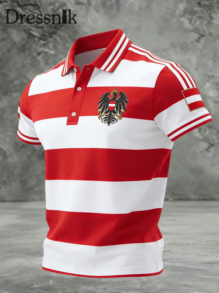 Retro Österreich ische Flagge Emblem Gestreiftes Casual Polo Shirt Rot / S