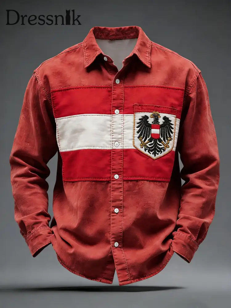 Retro Österreich ische Flagge Emblem Patchwork Freizeit hemd Rot / S