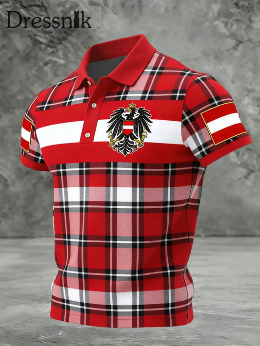 Retro Österreich ische Flagge Emblem Plaid Patchwork Business Polo Shirt Rot / S