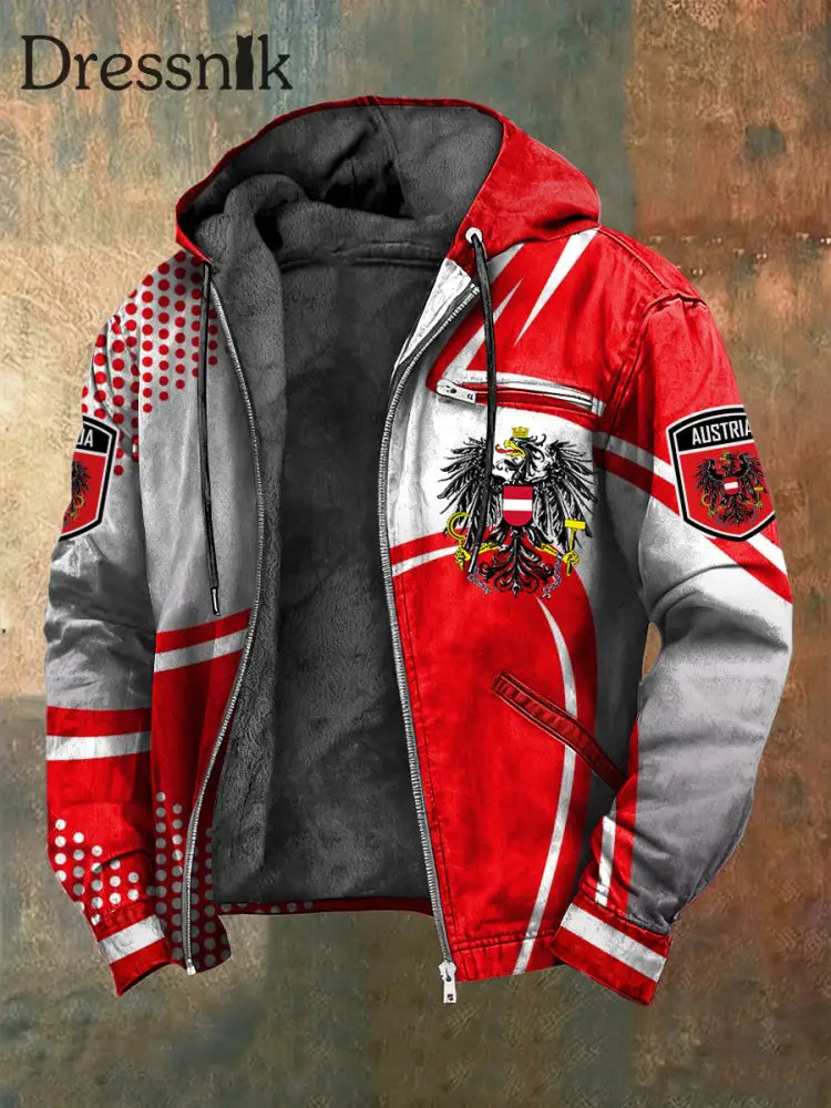 Retro Österreich ische Flagge Geometrische Fleece-Ausgekleidet Kapuzen jacke mehrfarbig / S