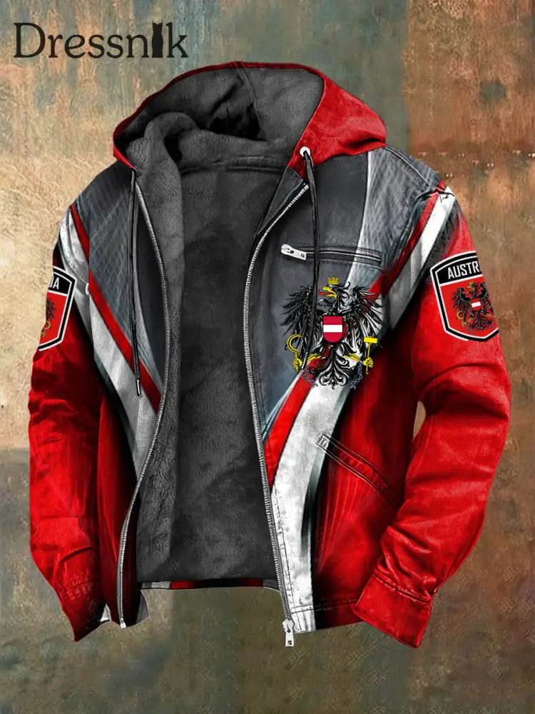 Retro Österreich ische Flagge Geometrische Kapuzen Fleece Jacke Rot / S