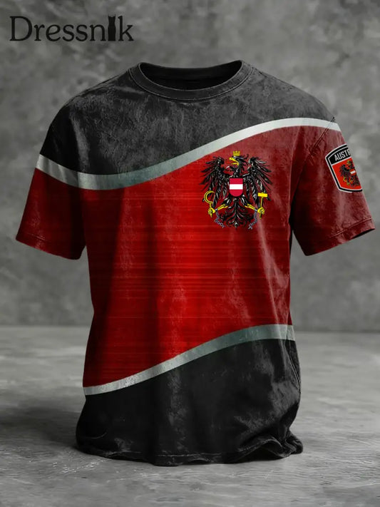 Retro Österreich ische Flagge Geometrisches Patchwork Casual T-Shirt Rot / S