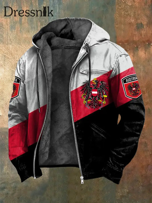 Retro Österreich ische Flagge Gestreifte Fleece-Auskleidete Kapuzen jacke mehrfarbig / S