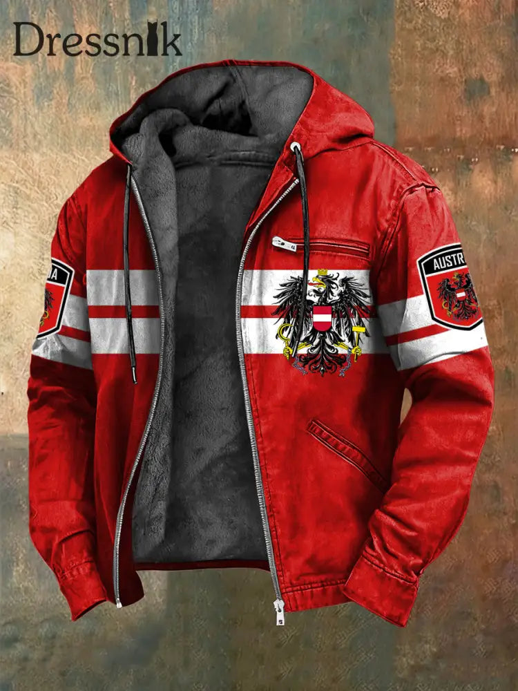 Retro Österreich ische Flagge Gestreifte Fleece-Auskleidete Kapuzen jacke Rot / S