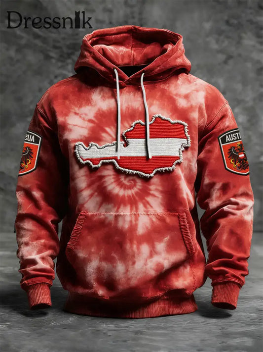 Retro Österreich ische Flagge Karte Tie-Dye Casual Hoodie Rot / S