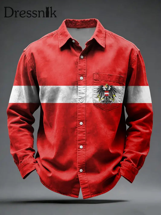 Retro Österreich ische Flagge Patchwork Casual Shirt Rot / S