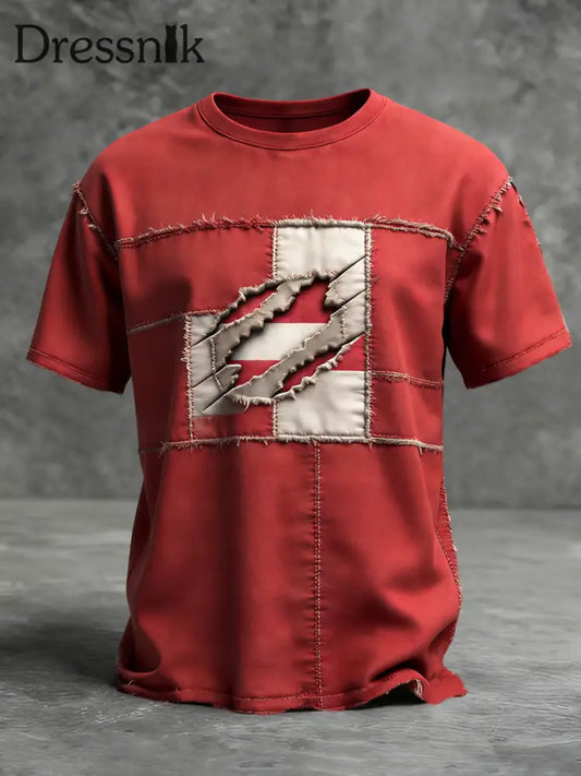 Retro Österreich ische Flagge Patchwork Casual T-Shirt Rot / S