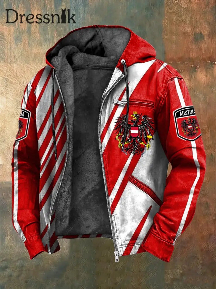 Retro Österreich ische Flagge Patchwork Fleece-Ausgekleidet Kapuzen jacke Rot / S