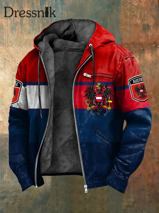 Retro Österreich ische Flagge Patchwork Fleece-Ausgekleidet Kapuzen jacke Rot / S