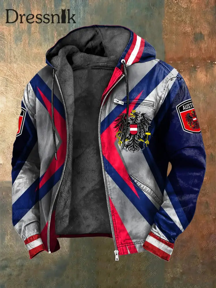Retro österreich ische symmetrische geometrische Fleece-Kapuzen jacke mehrfarbig / S