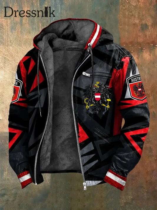 Retro österreich isches Emblem abstrakte geometrische Fleece-Kapuzen jacke mehrfarbig / S