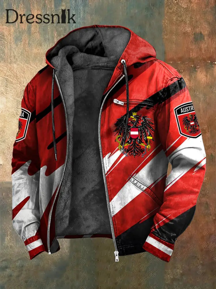 Retro österreich isches Emblem Abstrakte Linie Fleece ausgekleidet Kapuzen jacke mehrfarbig / S