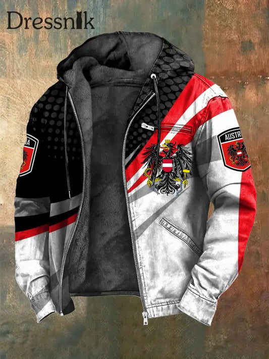 Retro österreich isches Emblem Abstrakte Linie Fleece ausgekleidet Kapuzen jacke mehrfarbig / S