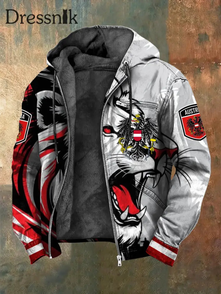 Retro österreich isches Emblem Abstrakte Löwen-Vlies-Kapuzen jacke mehrfarbig / S