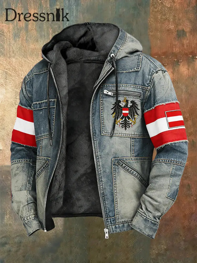 Retro österreich isches Emblem Denim-farbige Fleece-Kapuzen jacke blau / S