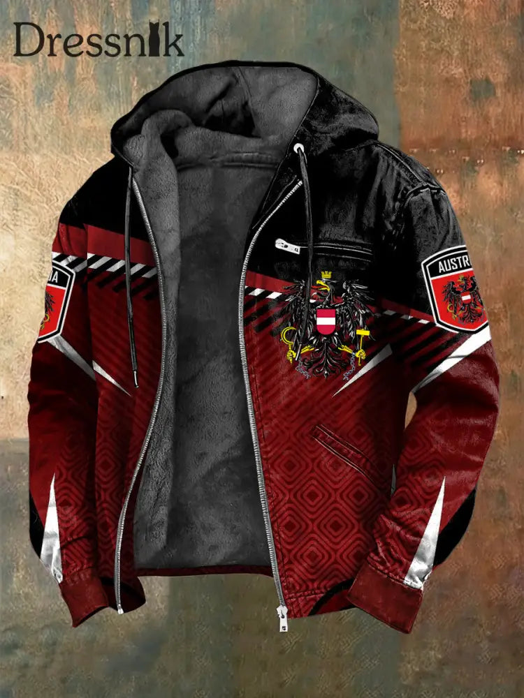 Retro österreich isches Emblem Geometrisch gestreifte Fleece-Kapuzen jacke mehrfarbig / S