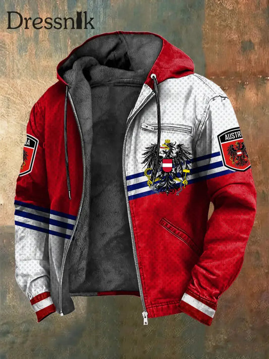 Retro österreich isches Emblem Geometrische Patchwork Fleece-Kapuzen jacke mehrfarbig / S