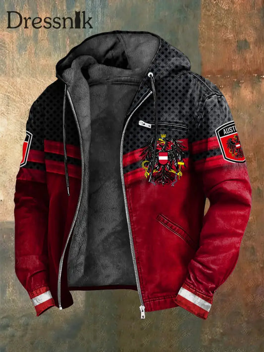 Retro österreich isches Emblem Geometrisches Muster Fleece-Kapuzen jacke mehrfarbig / S