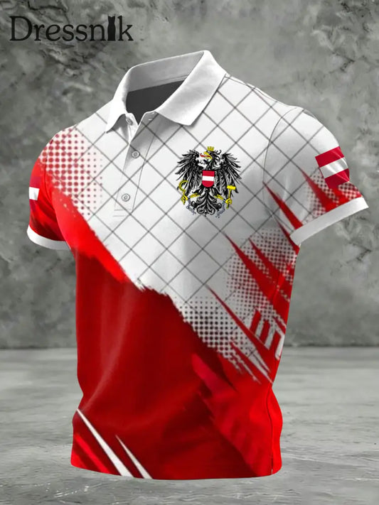 Retro österreich isches Emblem geometrisches Streifen Patchwork-lässiges Polos hirt Rot / S