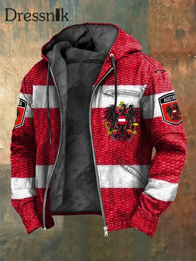 Retro österreich isches Emblem gestreifte Fleece-Kapuzen jacke Rot / S