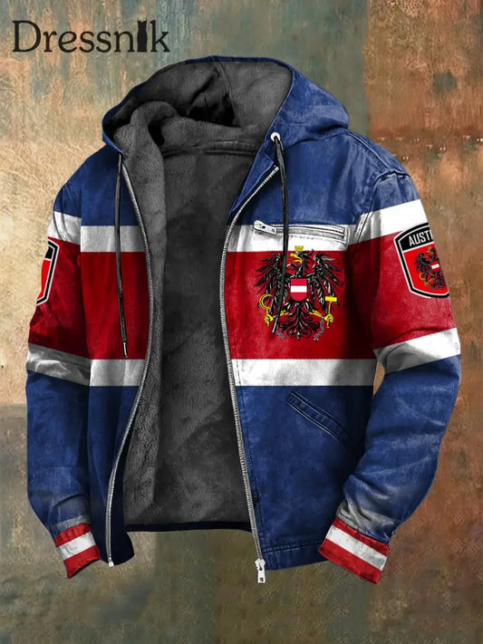 Retro österreich isches Emblem gestreifte geometrische Fleece-Kapuzen jacke mehrfarbig / S