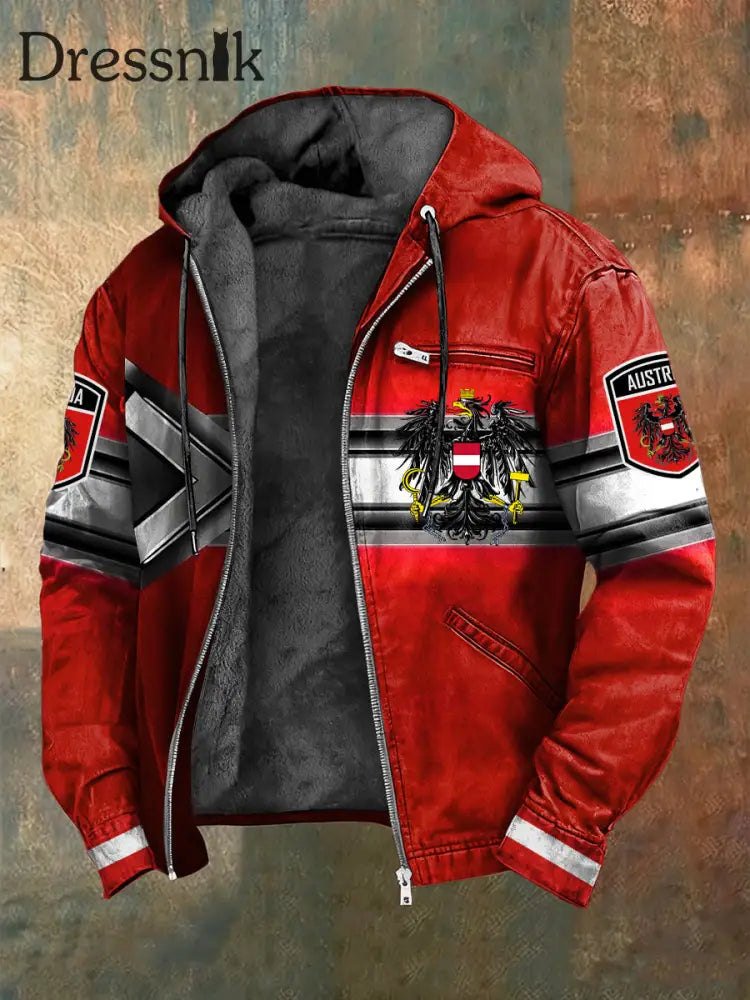 Retro österreich isches Emblem gestreifte geometrische Fleece-Kapuzen jacke mehrfarbig / S