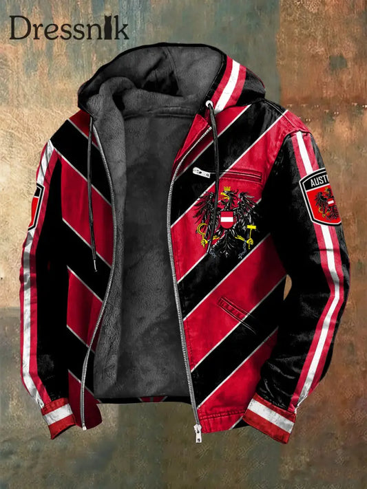 Retro österreich isches Emblem gestreifte Patchwork Fleece-Kapuzen jacke mehrfarbig / S