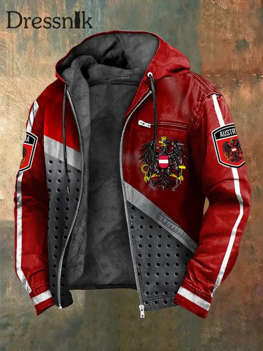 Retro österreich isches Emblem gestreifte Patchwork Fleece-Kapuzen jacke mehrfarbig / S