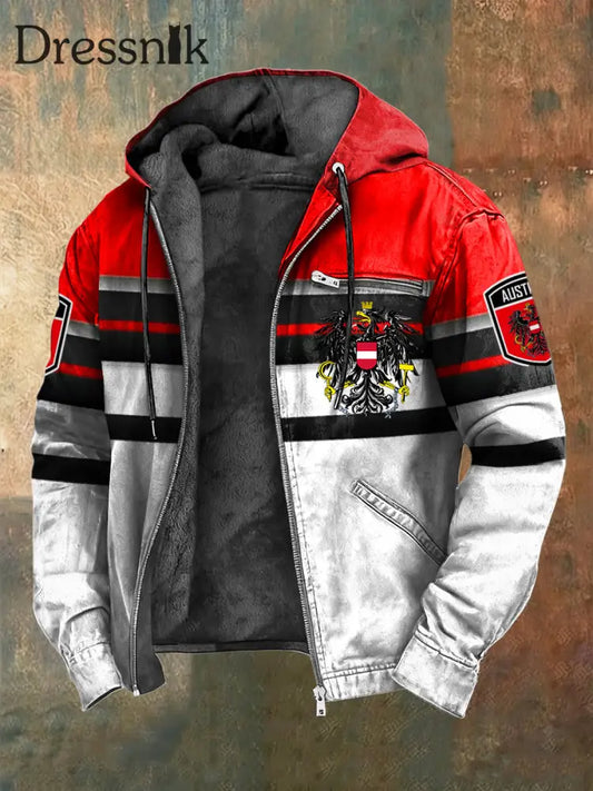 Retro österreich isches Emblem gestreifte Patchwork-Freizeit jacke mit Fleece ausgekleidet Kapuzen jacke mehrfarbig / S