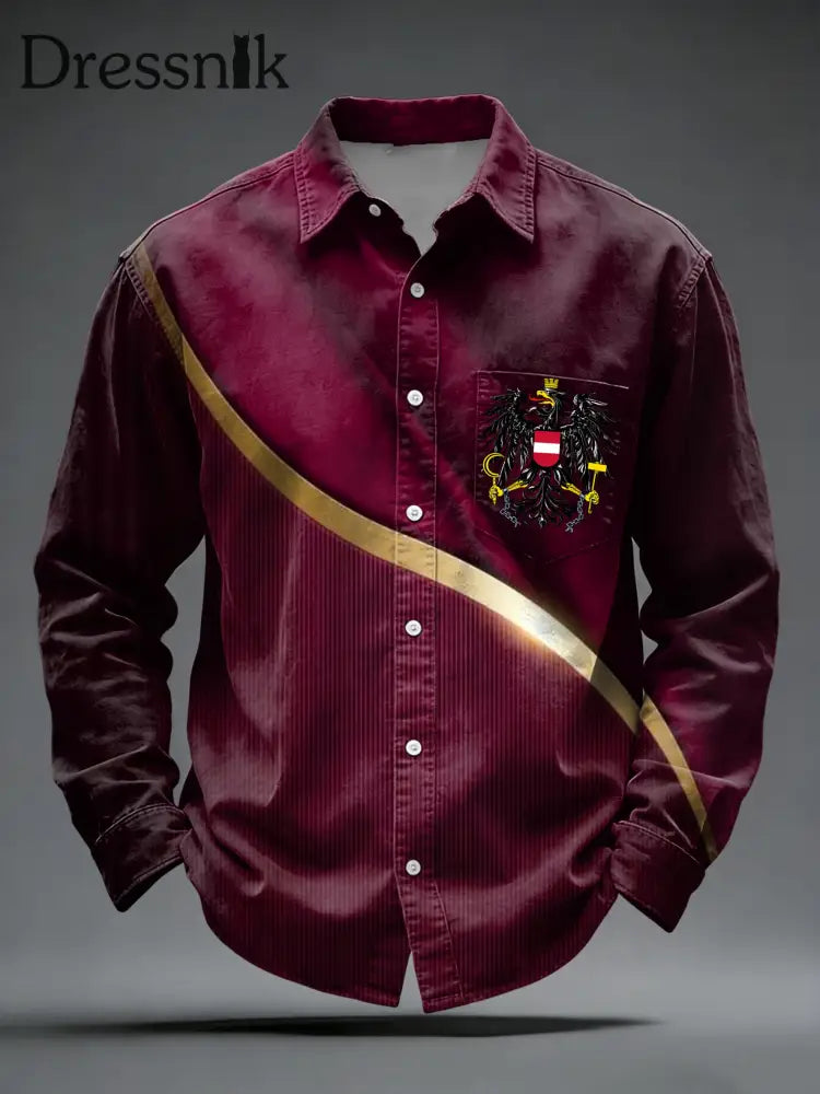 Retro österreich isches Emblem gestreiftes Freizeit hemd Weinrot / S