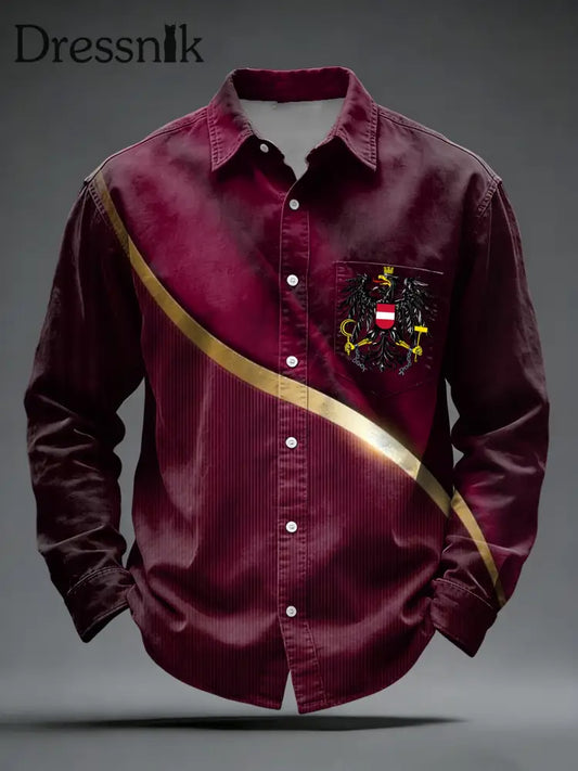 Retro österreich isches Emblem gestreiftes Freizeit hemd Weinrot / S