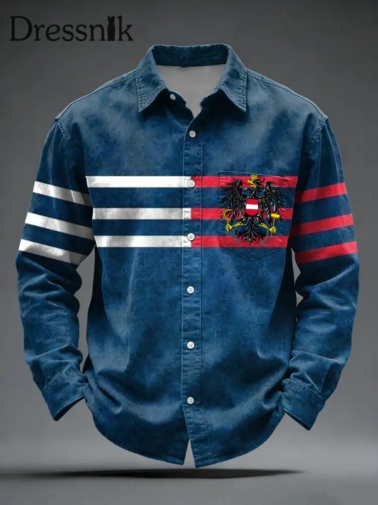 Retro österreich isches Emblem gestreiftes Patchwork-Freizeit hemd blau / S
