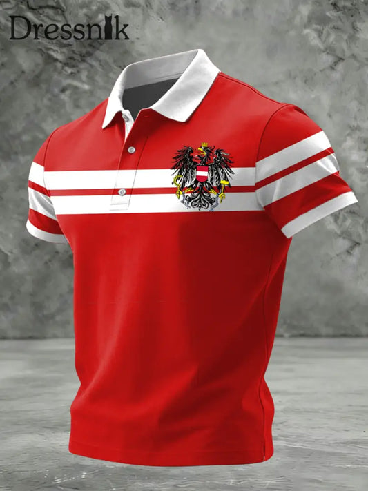 Retro österreich isches Emblem gestreiftes Patchwork-lässiges Polos hirt Rot / S