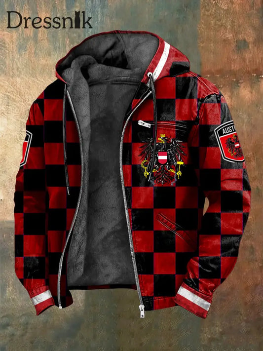 Retro österreich isches Emblem Karierte Fleece-Kapuzen jacke mehrfarbig / S