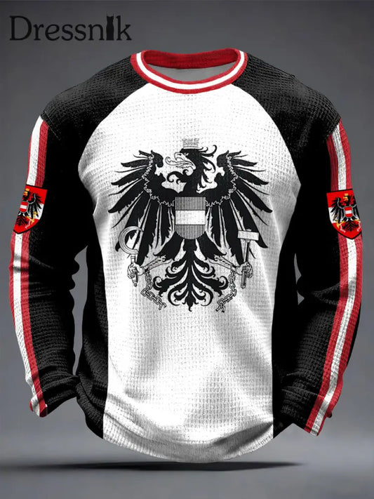 Retro österreich isches Emblem Patchwork Lässiges Waffel gewebe T-Shirt Schwarz / S