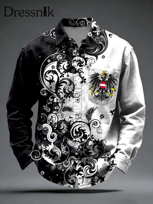 Retro österreich isches Emblem Schwarz-Weiß-Floral Freizeit hemd mehrfarbig / S