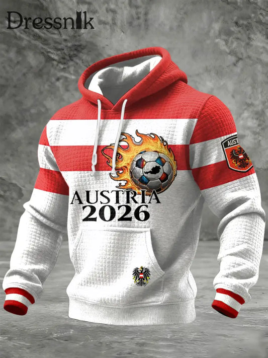 Retro Österreichi scher Fußball Patchwork Casual Waffel Hoodie Rot / S