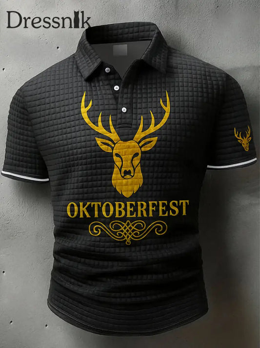 Retro Oktoberfest Hirsche Lederhosen Künstlerisch bedruckt Karierte Textur V-Ausschnitt kurze Ärmel Polo-Shirt A / S