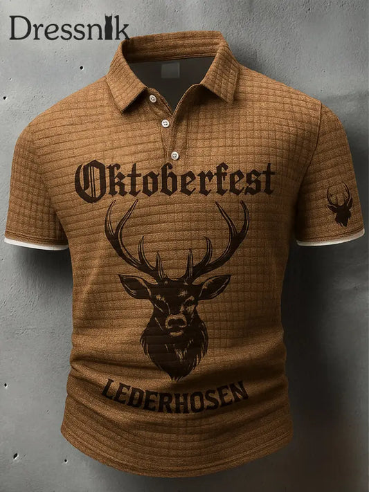 Retro Oktoberfest Hirsche Lederhosen Künstlerisch bedruckt Karierte Textur V-Ausschnitt kurze Ärmel Polo-Shirt A / S