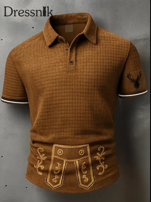Retro Oktoberfest Hirsche Lederhosen Künstlerisch bedruckt Karierte Textur V-Ausschnitt kurze Ärmel Polo-Shirt A / S