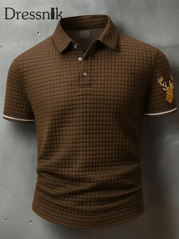 Retro Oktoberfest Hirsche Lederhosen Künstlerisch bedruckt Karierte Textur V-Ausschnitt kurze Ärmel Polo-Shirt A / S
