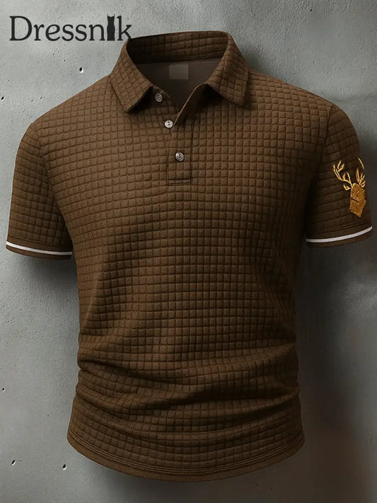 Retro Oktoberfest Hirsche Lederhosen Künstlerisch bedruckt Karierte Textur V-Ausschnitt kurze Ärmel Polo-Shirt A / S