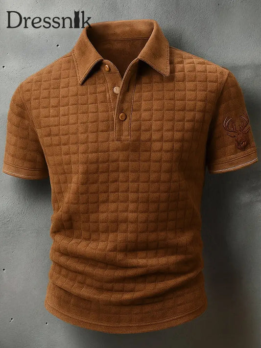 Retro Oktoberfest Hirsche Lederhosen Künstlerisch bedruckt Karierte Textur V-Ausschnitt kurze Ärmel Polo-Shirt A / S
