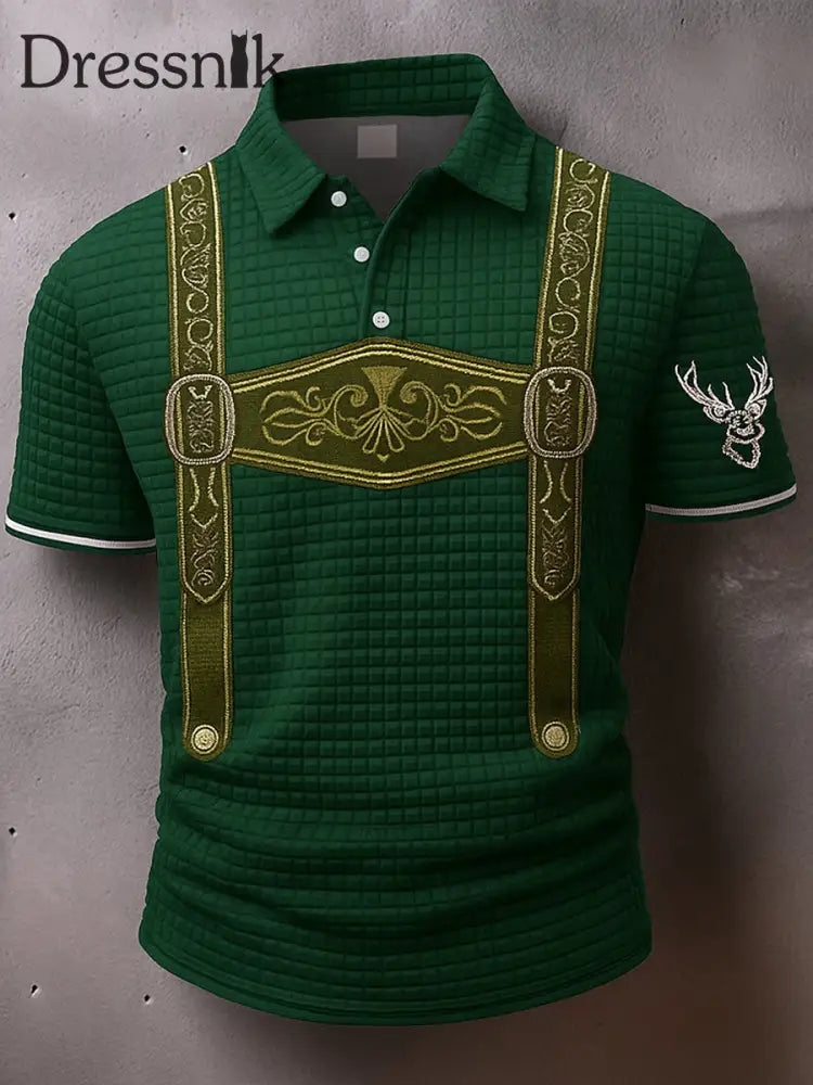 Retro Oktoberfest Hirsche Lederhosen Künstlerisch bedruckt Karierte Textur V-Ausschnitt kurze Ärmel Polo-Shirt A / S