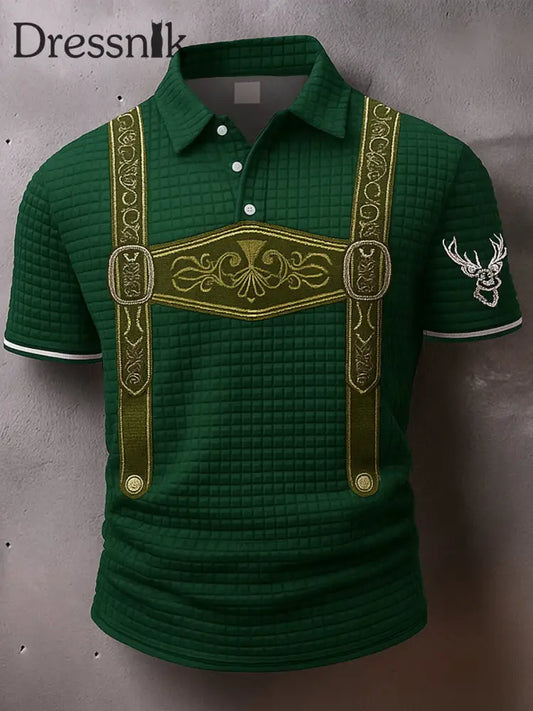 Retro Oktoberfest Hirsche Lederhosen Künstlerisch bedruckt Karierte Textur V-Ausschnitt kurze Ärmel Polo-Shirt A / S