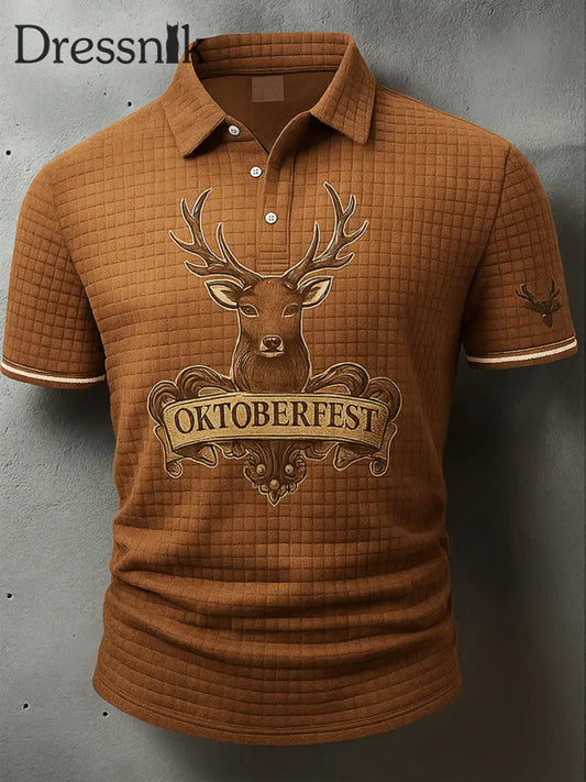 Retro Oktoberfest Hirsche Lederhosen Künstlerisch bedruckt Karierte Textur V-Ausschnitt kurze Ärmel Polo-Shirt A / S