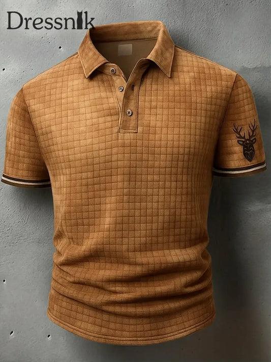 Retro Oktoberfest Hirsche Lederhosen Künstlerisch bedruckt Karierte Textur V-Ausschnitt kurze Ärmel Polo-Shirt A / S